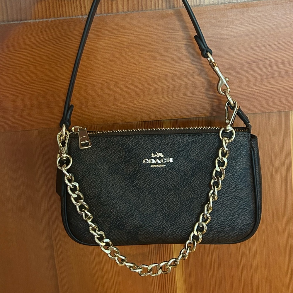 Coach Black Pebbled Leather Shoulder Bag with Gold Chain